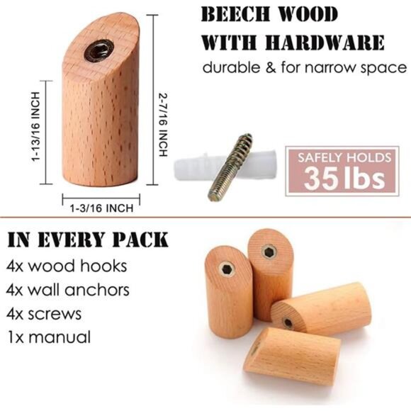 Wood Wall Hooks, 4 Pack Coat Hooks Mounted Rustic Wooden Heavy Duty Robe Hook - Picture 2 of 7